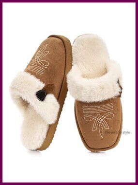 Fuzzy Square Toe Western Slippers Faux Fur Suede Memory Foam